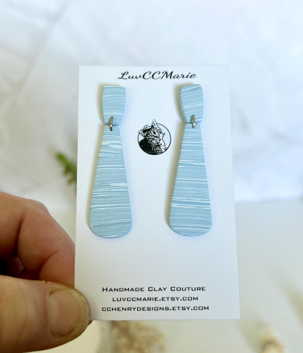 Light Blue and White Striped Dangle Earrings, Dusty Stud Dangles, Handmade Boho Jewelry Gift
