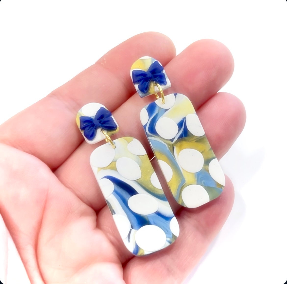 Cobalt Blue Polka Dot Stud Dangles, Gold White Clay Earrings, Handmade Fashion Clay Jewelry
