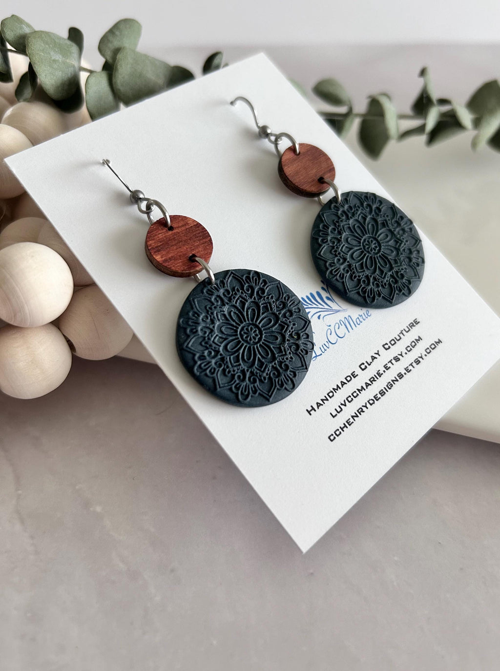 Burgundy Earrings, Embossed Floral Clay Dangles, 18k Gold Fall Jewelry, Brown Wood Handmade Lightweight