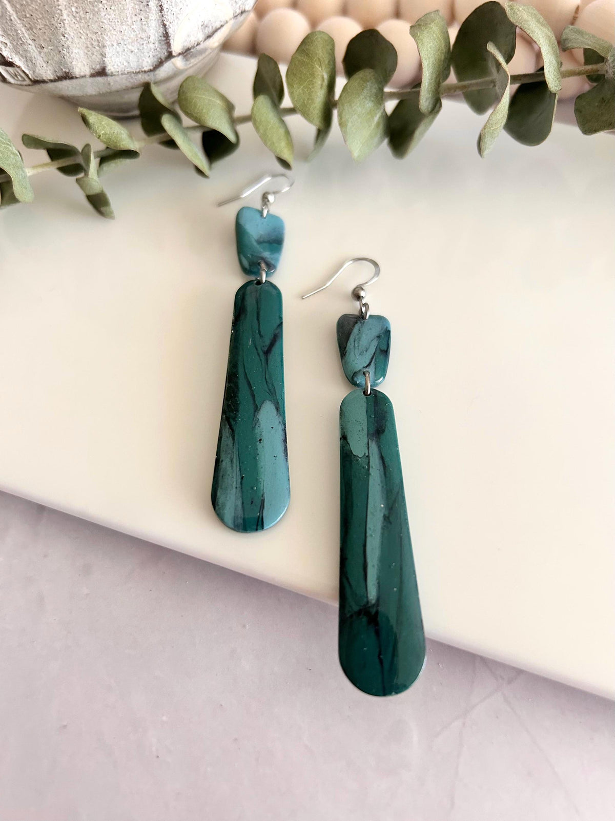 Emerald Green and Teal Blue Silver Long Dangle Earrings, Handmade Clay Coastal Jewelry