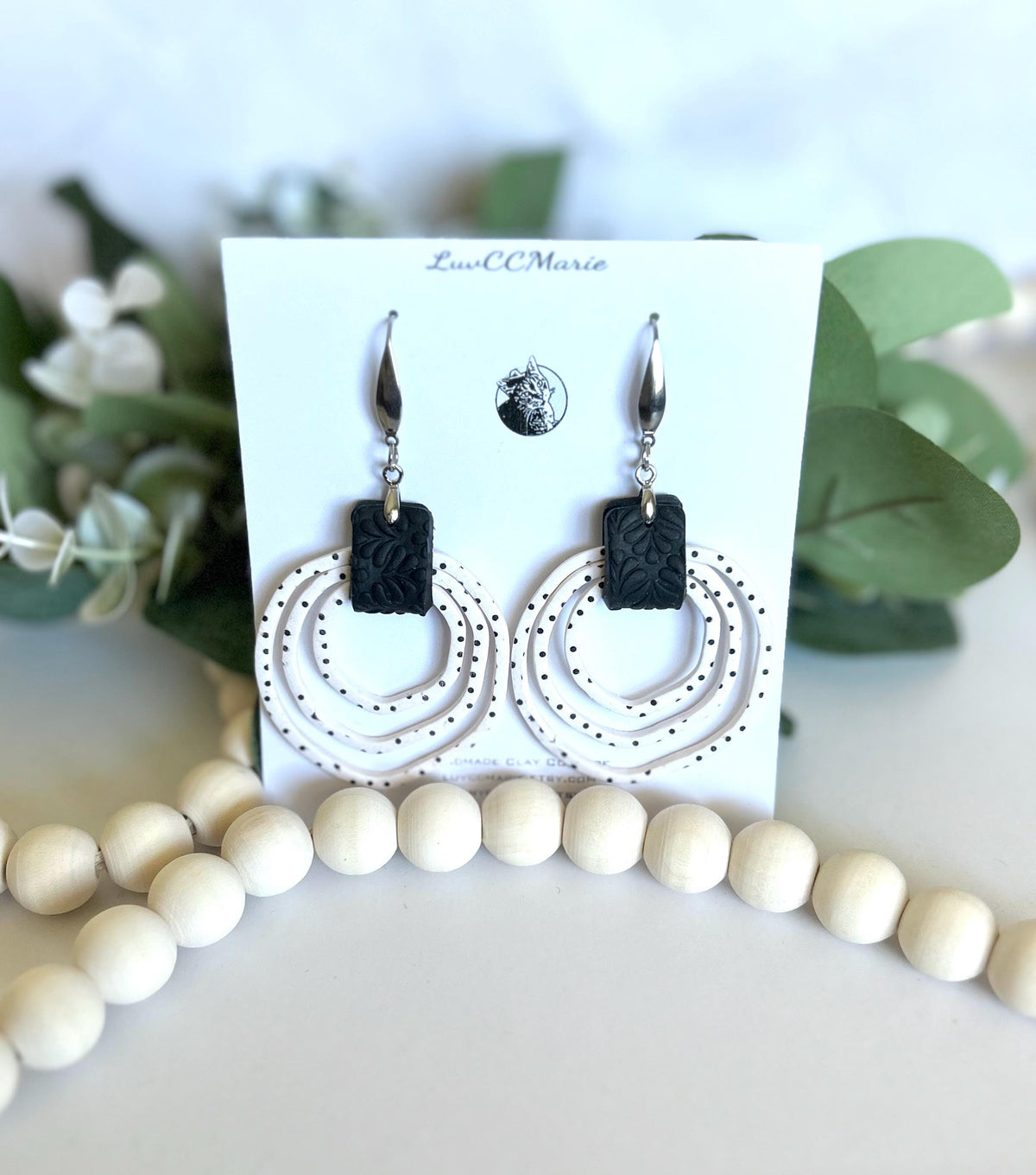 Black and White Polka Dot Hoop Earrings, Handmade Clay Dangles, Stainless Steel, Contemporary Statement