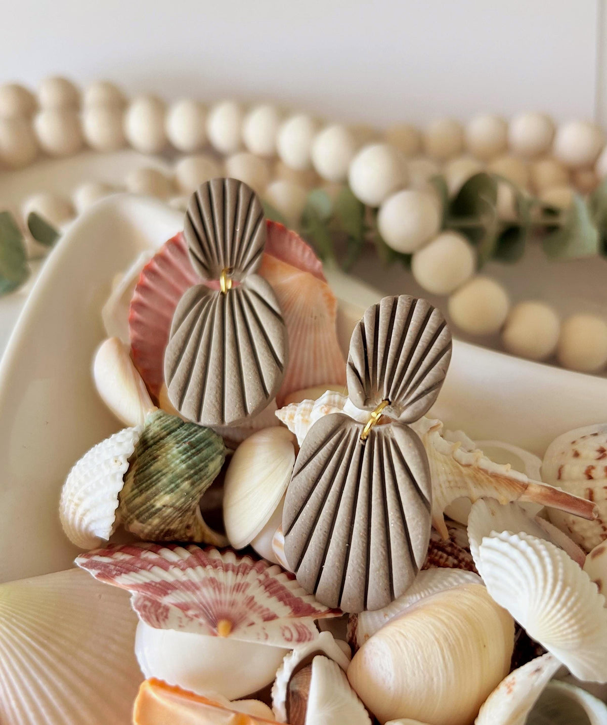 Khaki Neutral Seashell Earrings, Stud Drop Dangles, Coastal Beach Vacation Clay Jewelry, Hypoallergenic Lightweight