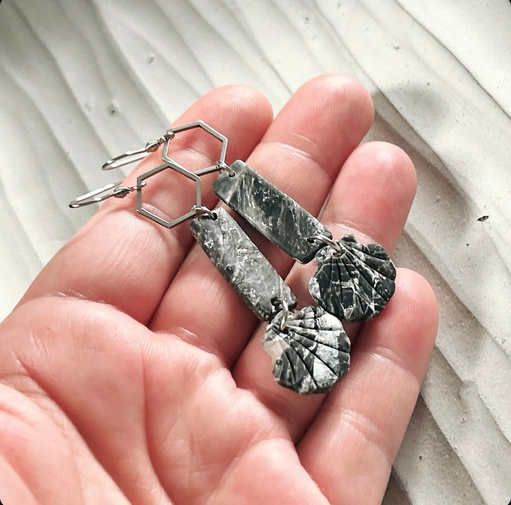 Seashell Earrings, Black Beach Dangles, Stainless Steel Long Hexagon Handmade Clay Boho Jewelry