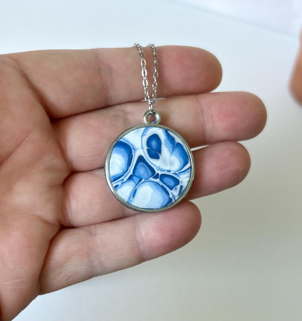 Marbled Mokume Clay Pendant Necklace: Navy Blue Boho Jewelry