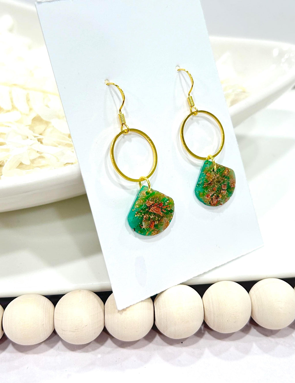 Emerald Green, Gold and Copper Clay Earrings, Handmade Boho Hoop Dangles, Jewelry Gift