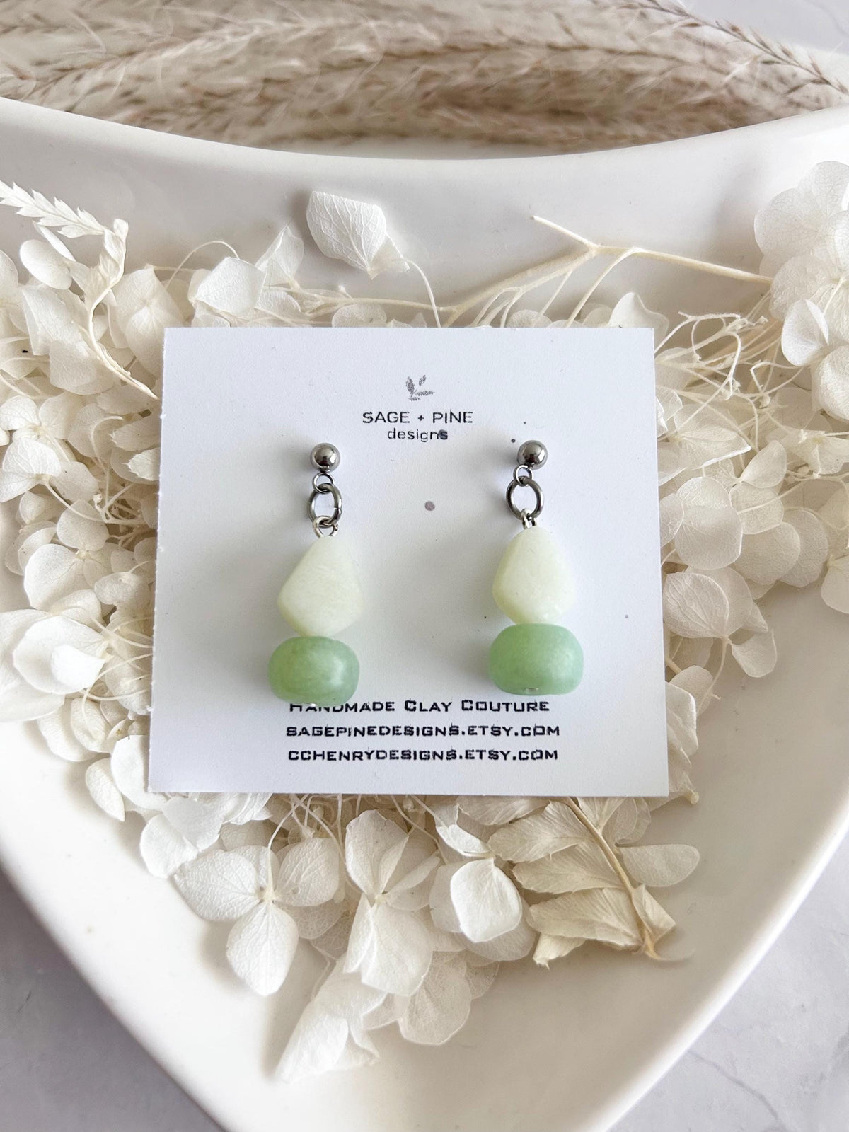 Jade Mint Beaded Dangles, Clay Drop Long Earrings, Light Green Modern Unique Handmade Jewelry