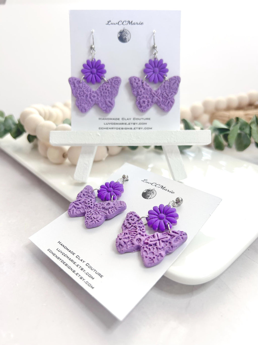 Purple Butterfly Clay Earrings: Handmade Daisy Flower Dangles