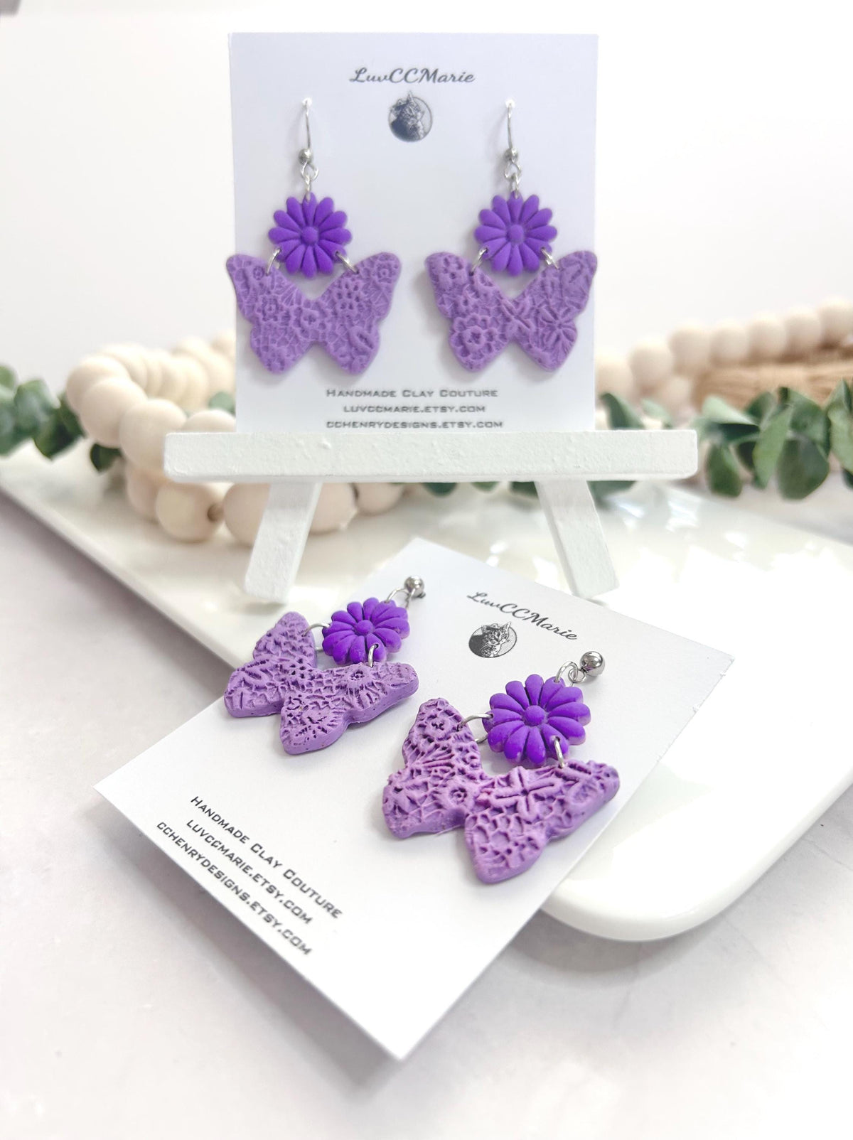 Purple Butterfly Clay Earrings: Handmade Daisy Flower Dangles