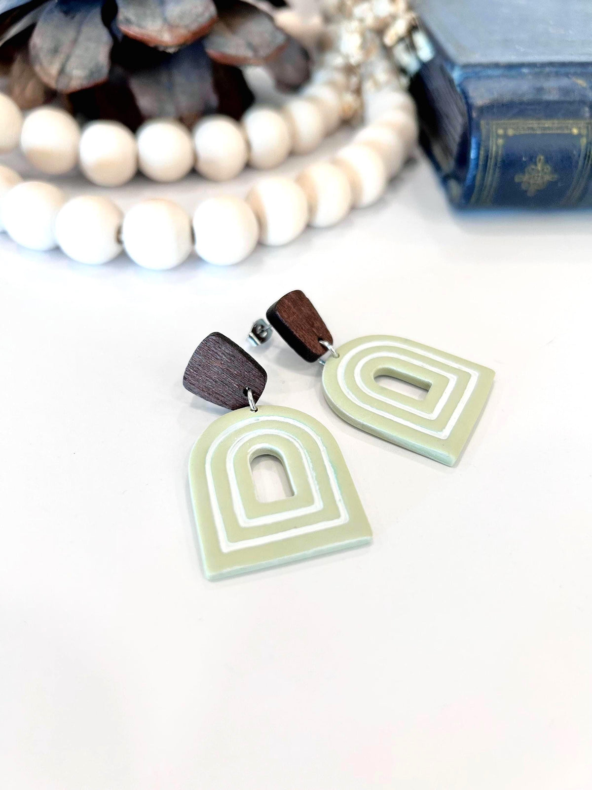 Sage Green and White Drop Earrings, Clay and Wood Arch Dangles, Handmade Jewelry