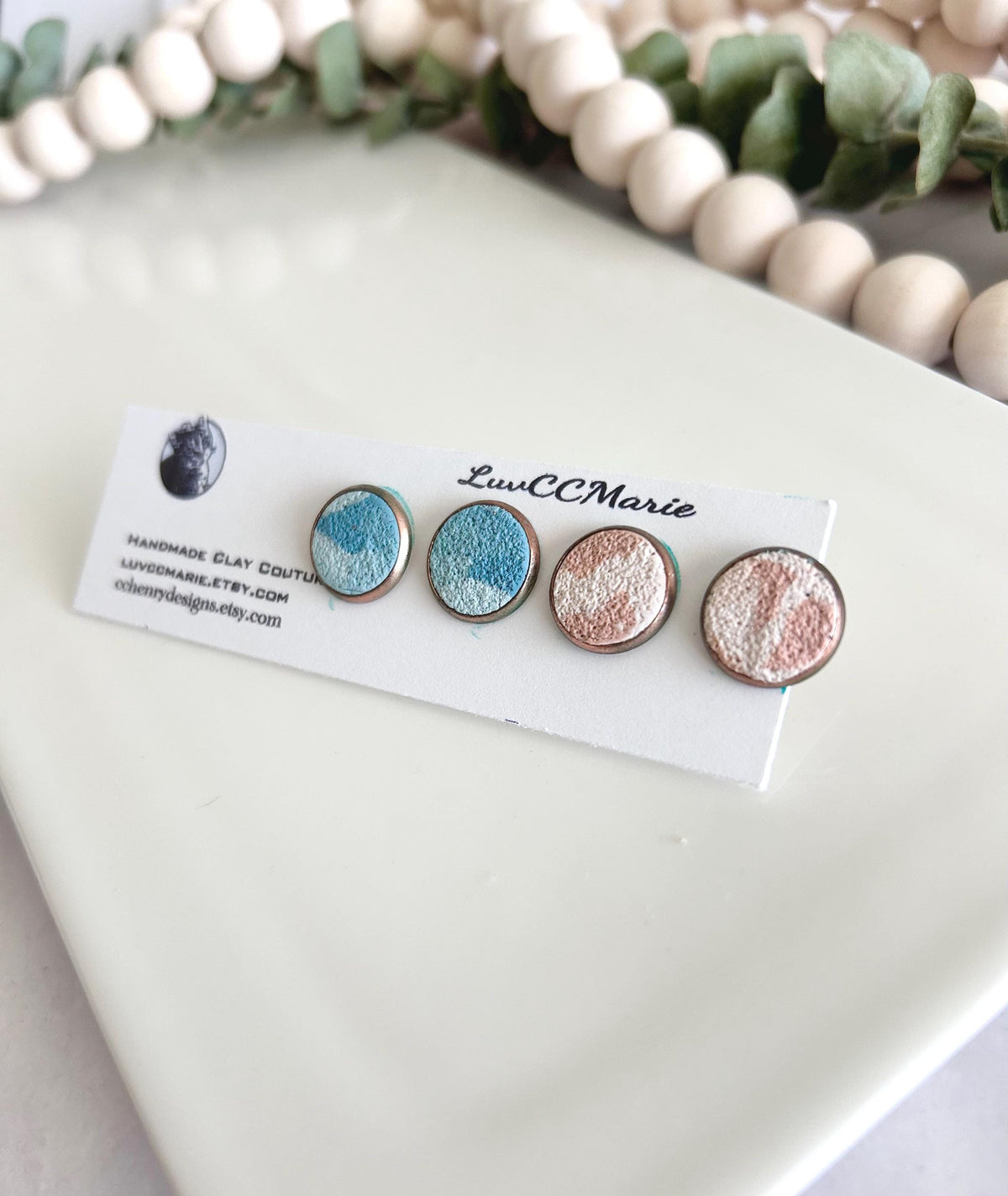 Beige and Blue Terrazzo Clay Stud Earrings Set, Beachy Coastal Vacation Studs, Handmade Jewelry