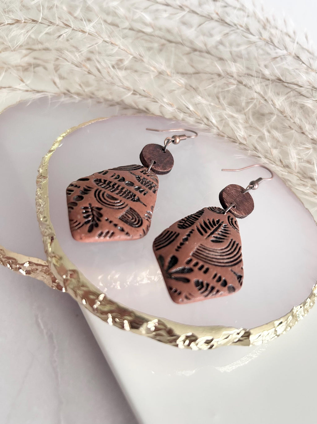 Brown & Black Boho Earrings, Embossed Folk Dangles, Clay Wood Faux Leather Fall Terracotta Mexican