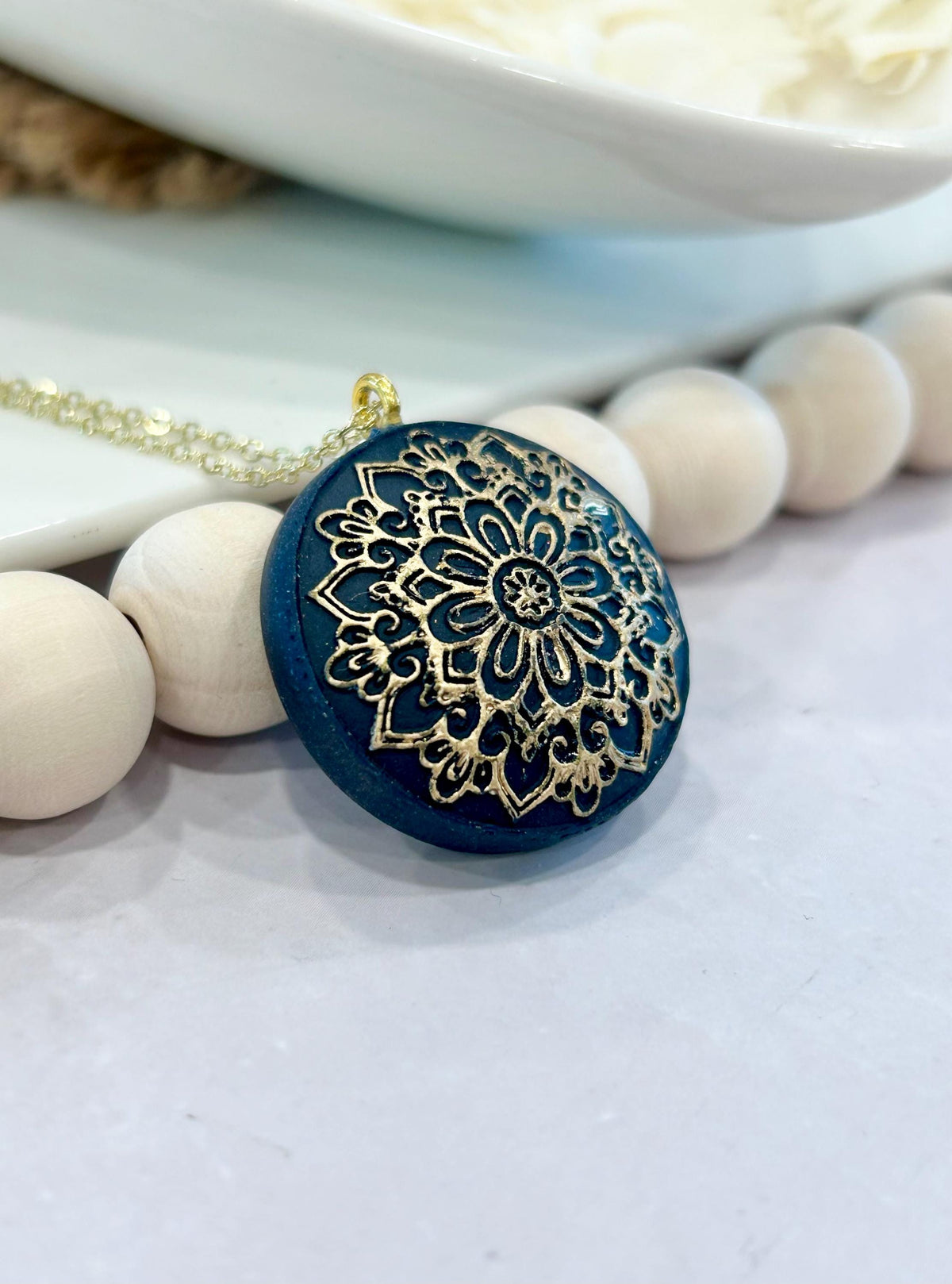Dark Navy Blue Clay Necklace, Gold Mandala Embossed Pendant, Handmade Fashion Boho Jewelry