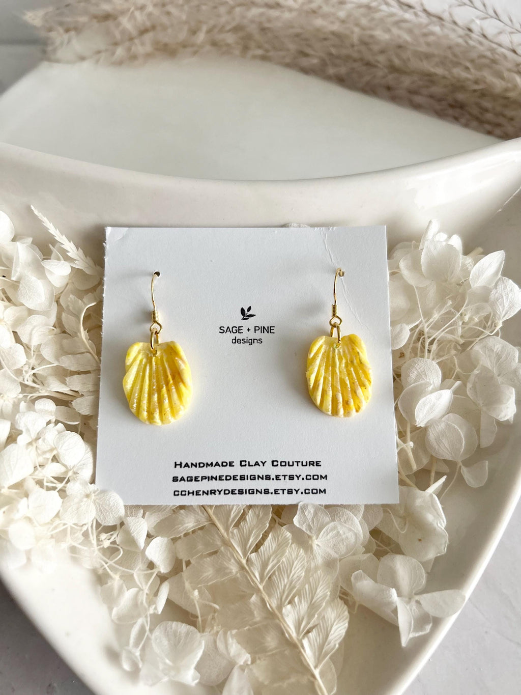 Handmade Clay Butter Yellow Shell Earrings, Seashell Hoop Dangles, Coastal Vacation Beach Jewelry