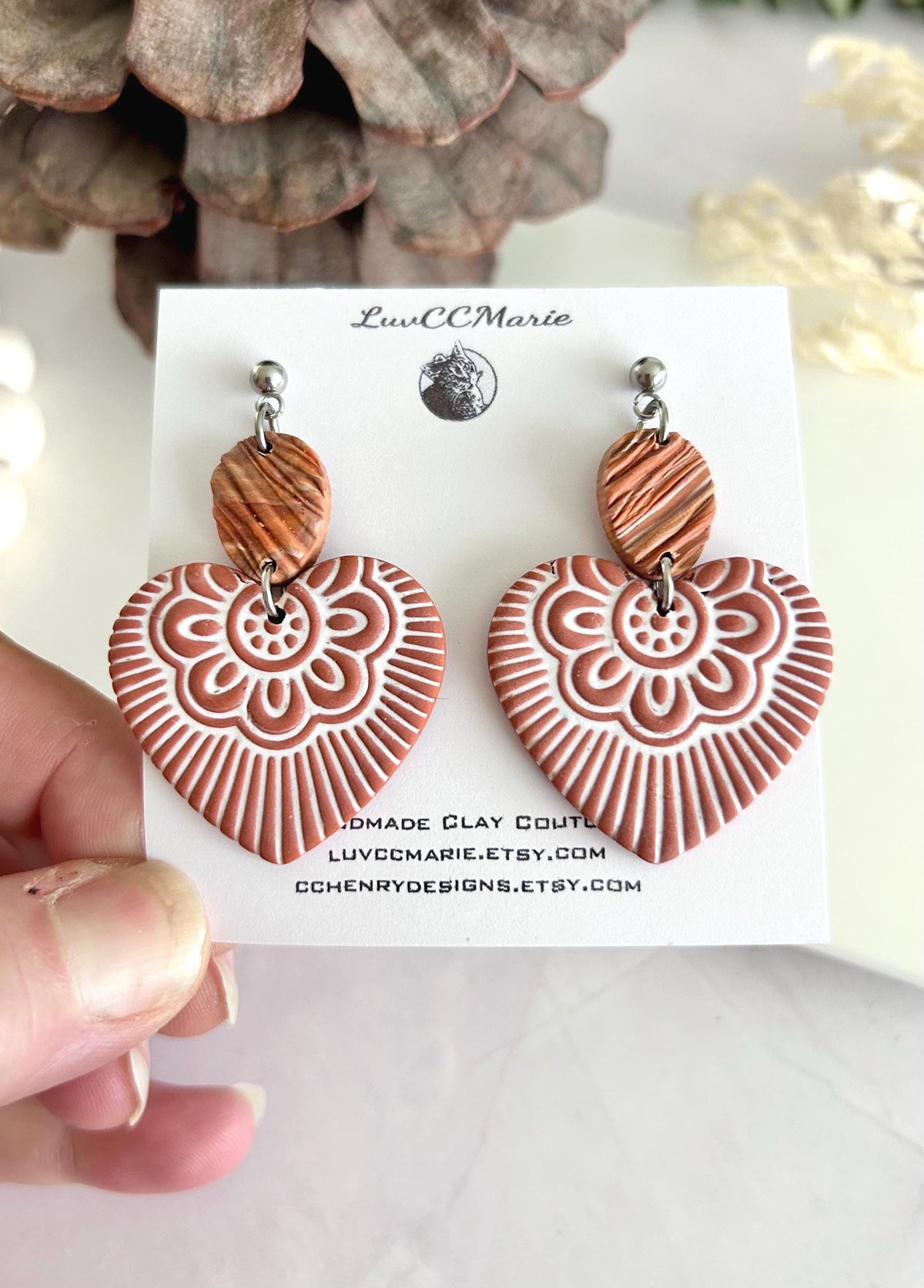 Heart Dangles, Folk Art Clay Earrings, Boho Terracotta Polymer Handmade Jewelry Gifts