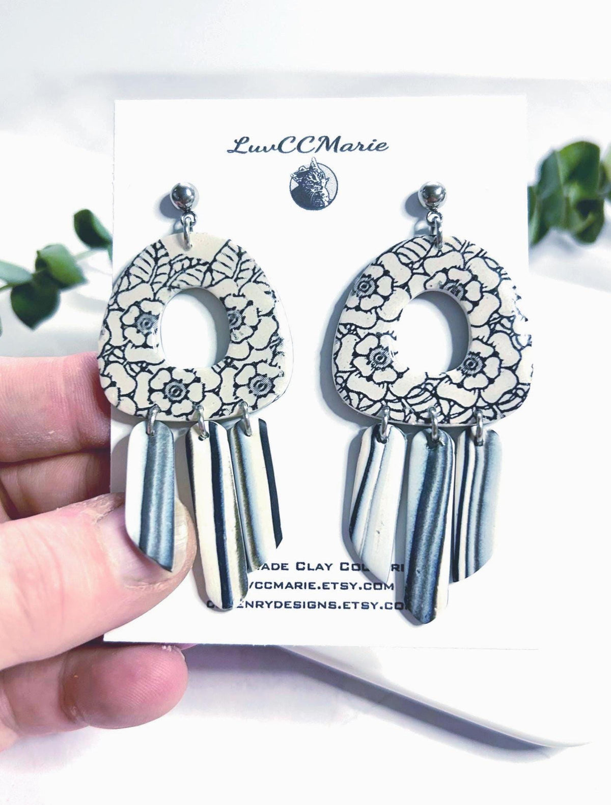 Black and White Chandelier Earrings, Tudor Rose Clay Dangles, Boho Wedding Floral Jewelry