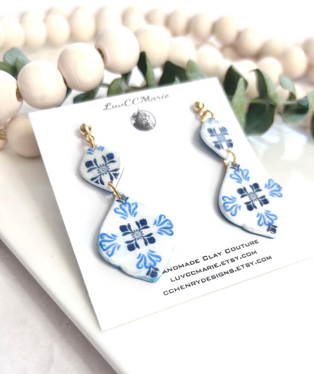 Cobalt Blue Vase Santorini Blue Earrings, Mediterranean Tile Greek Dangles, Handmade Boho Clay Jewelry
