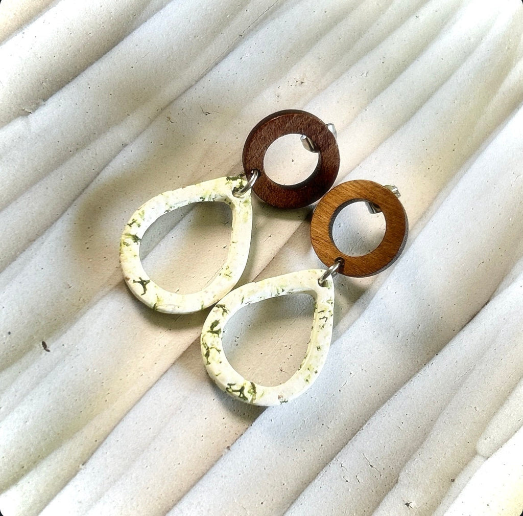 Moss Earrings, Green and White Teardrop Dangles, Clay and Wood Handmade Jewelry