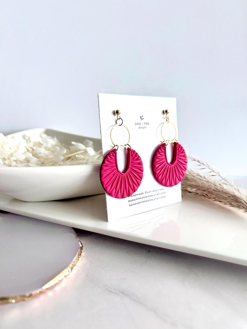 Matte Red Boho Earrings, Black and Gold Hoop Dangles, Handmade Clay Jewelry Gift