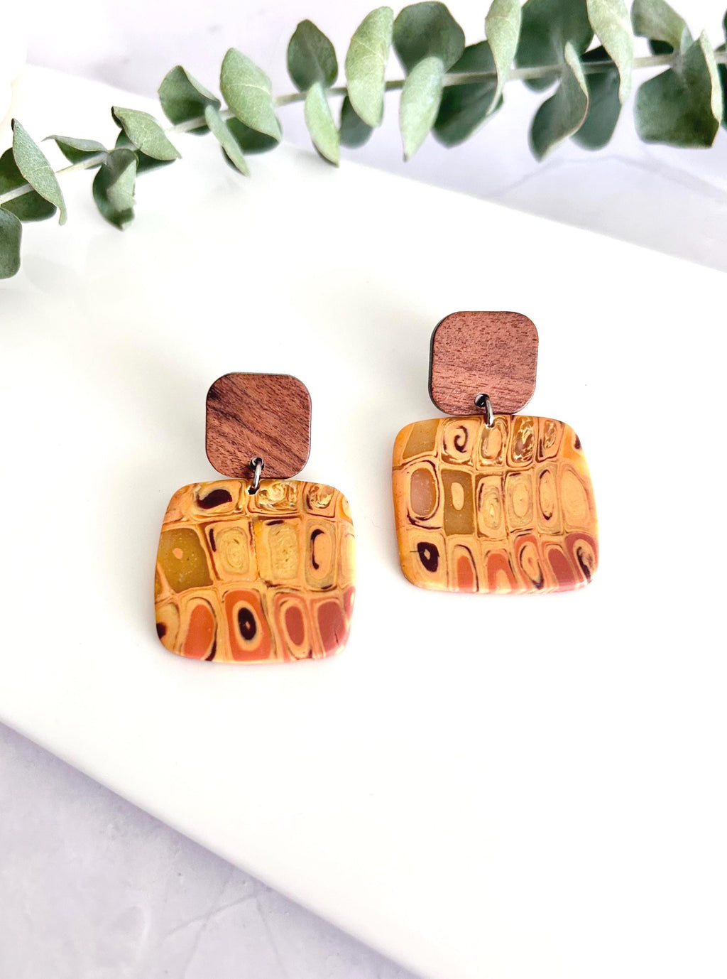 Boho Clay and Wood Stud Earrings: Mustard Yellow Retro Square Dangles