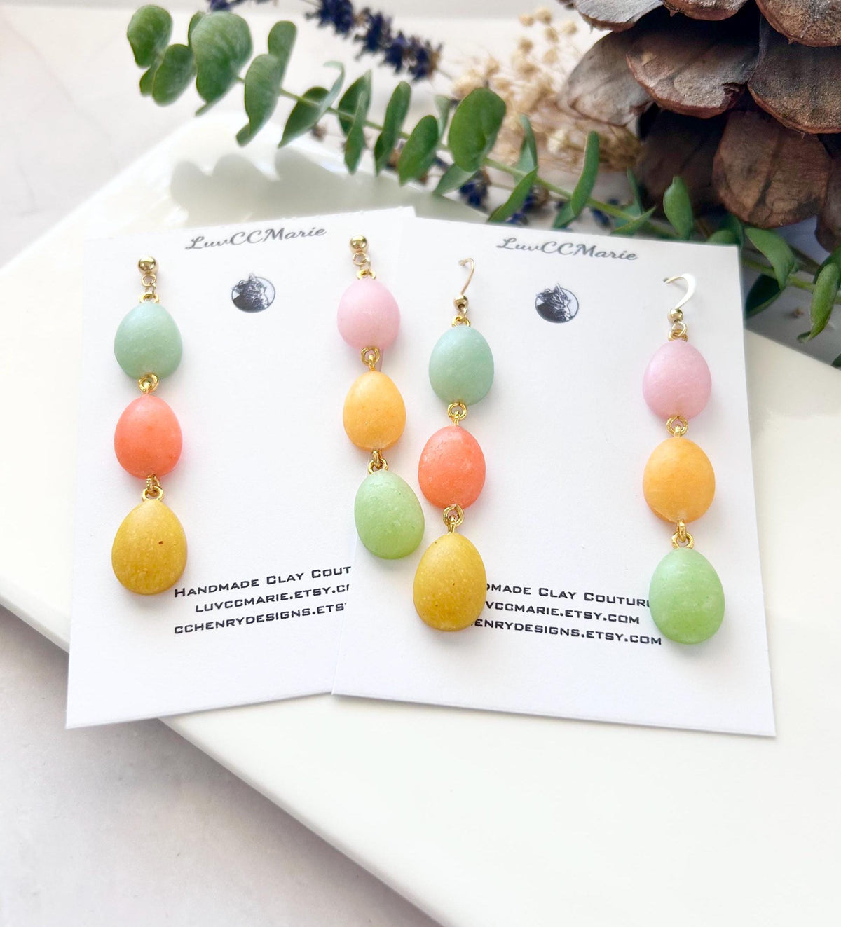 Handmade Long Pastel Egg Clay Earrings, Jelly Bean Dangles, Speckled Easter Statement Jewelry