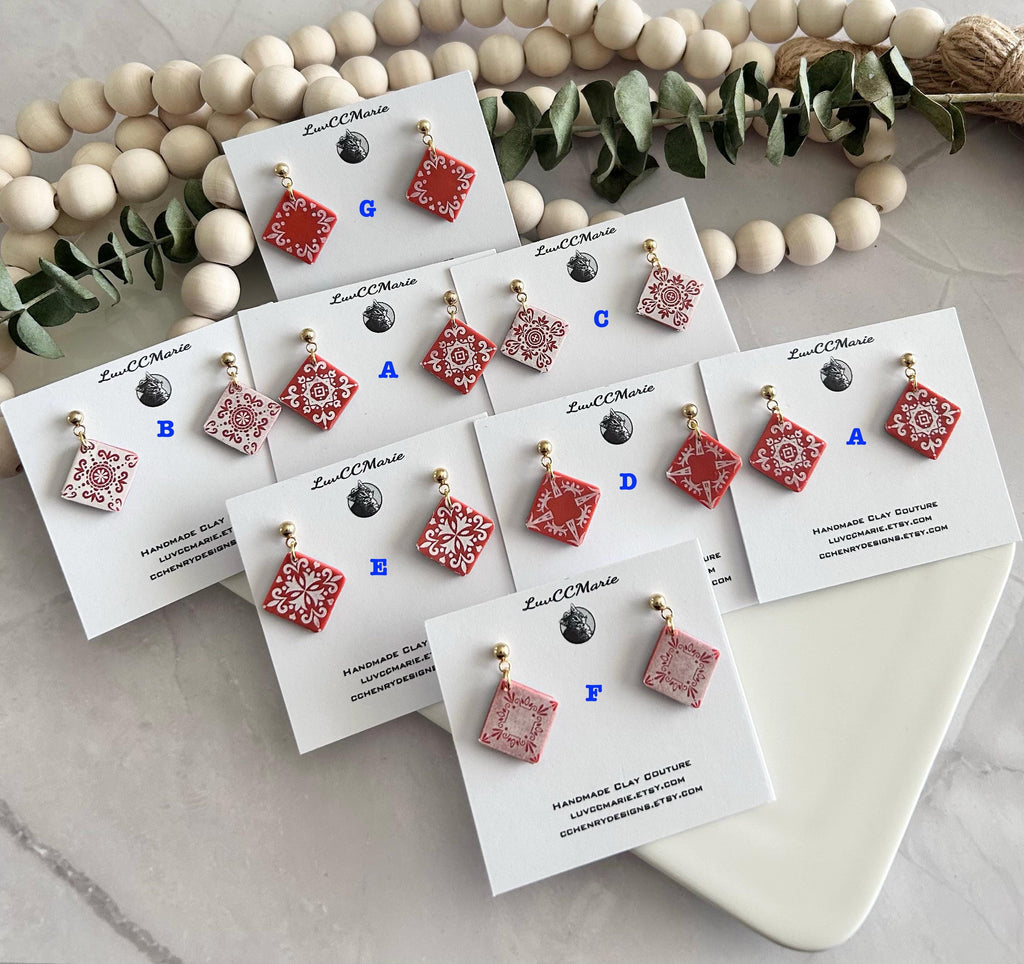 Coral Tile Clay Earrings: Hand-Painted Boho Dangle Jewelry