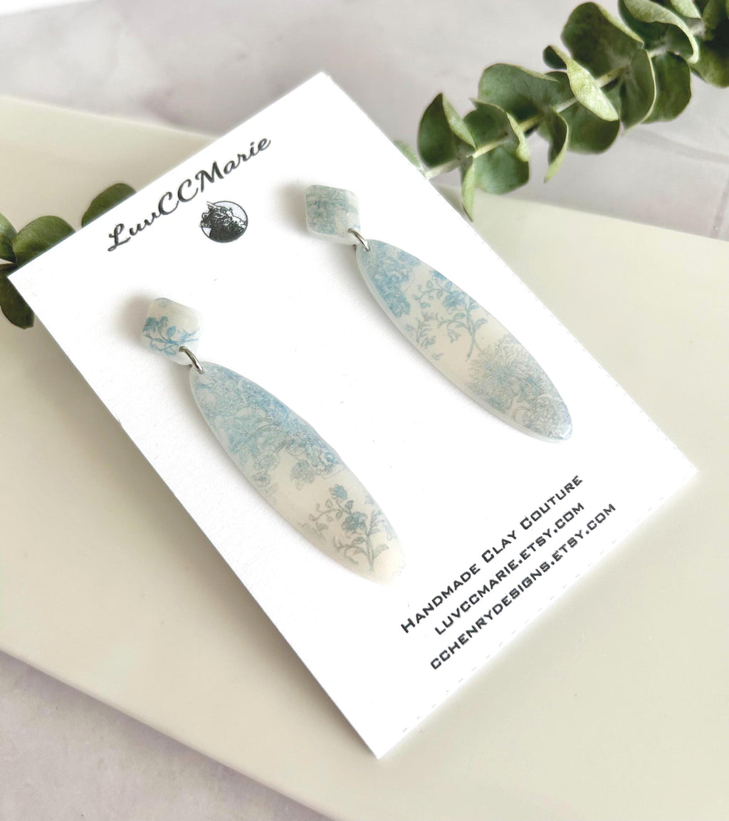 White and Light Blue Floral Earrings, Chinoiserie Dangles, Elegant Bridal Wedding Gift
