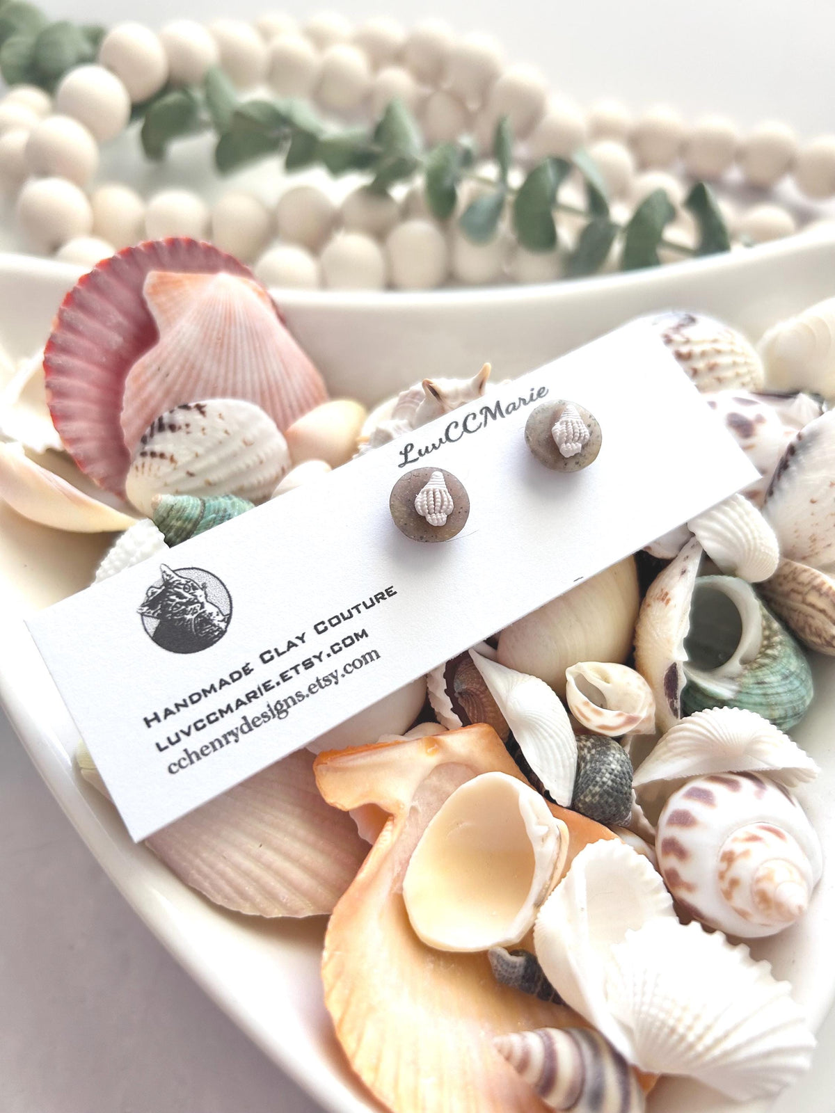 Seashell Studs, Beige and White Stud Earrings, Coastal Vacation Handmade Clay Jewelry Gift