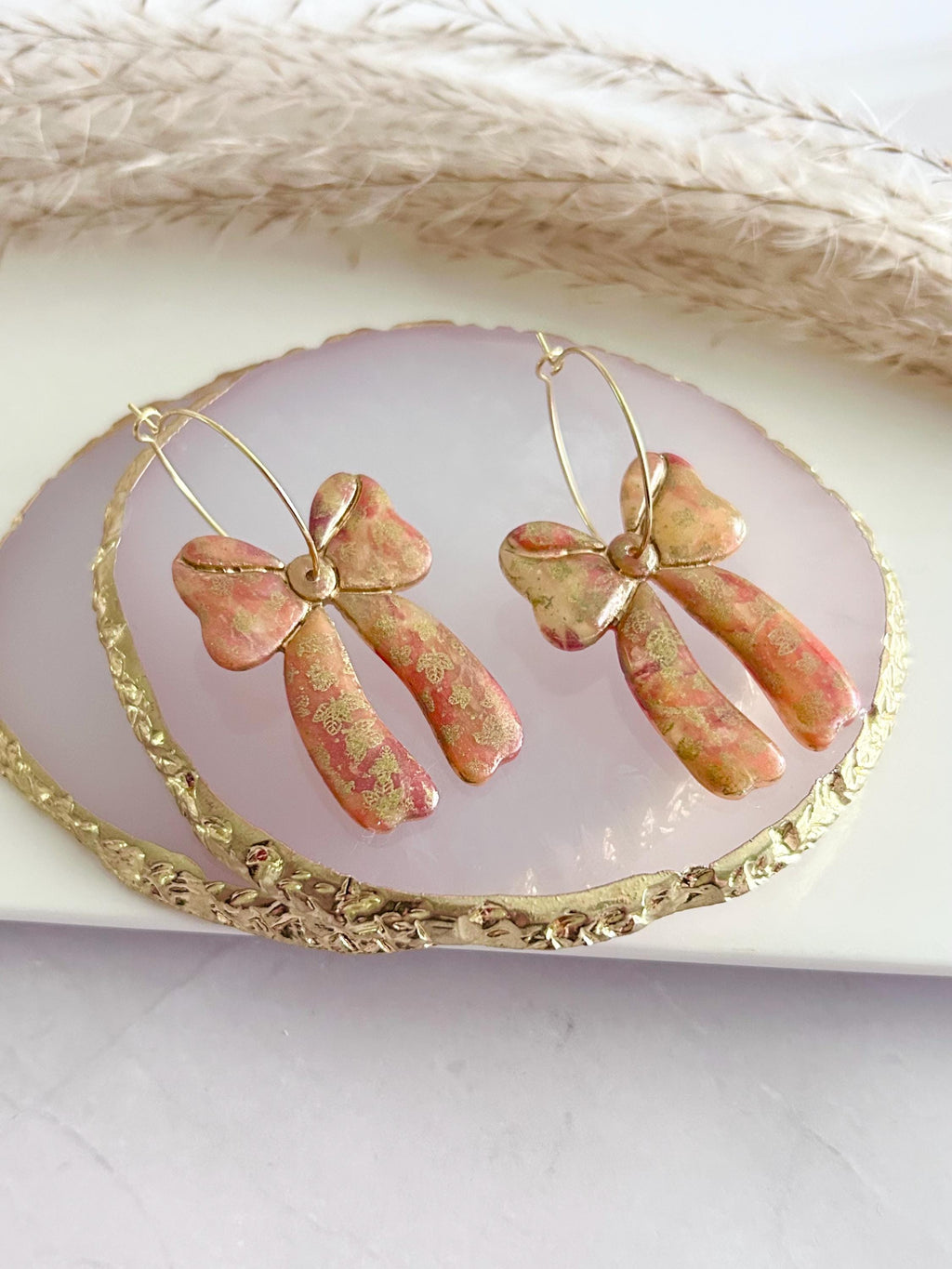 Delicate Falling Leaves Bow Earrings, Autumn tones with Gold Hoops, Boho Clay Handmade Jewelry