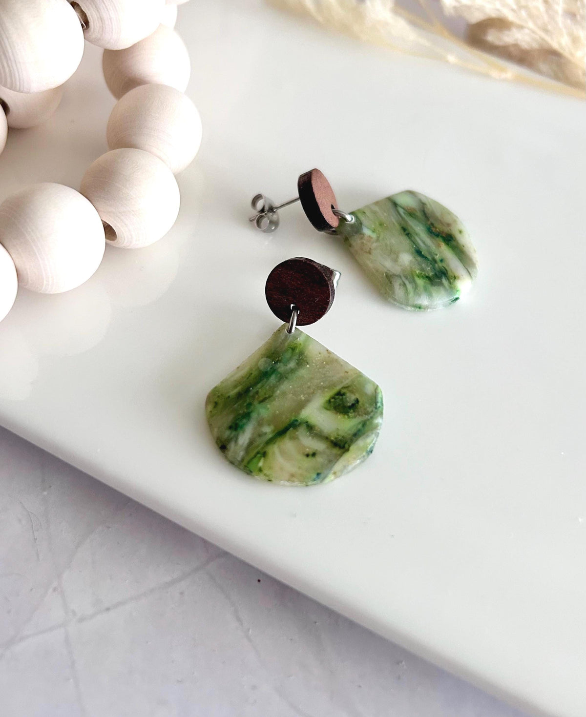 Moss Green Drop Earrings, Olive Army Clay and Wood Lightweight Dangles, Handmade Jewelry Gift