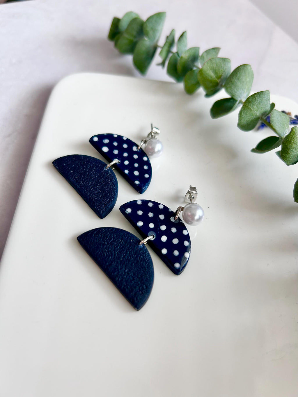 Navy Blue Handmade Polka Dot Clay Dangle Earrings: Retro Boho Pearl Studs