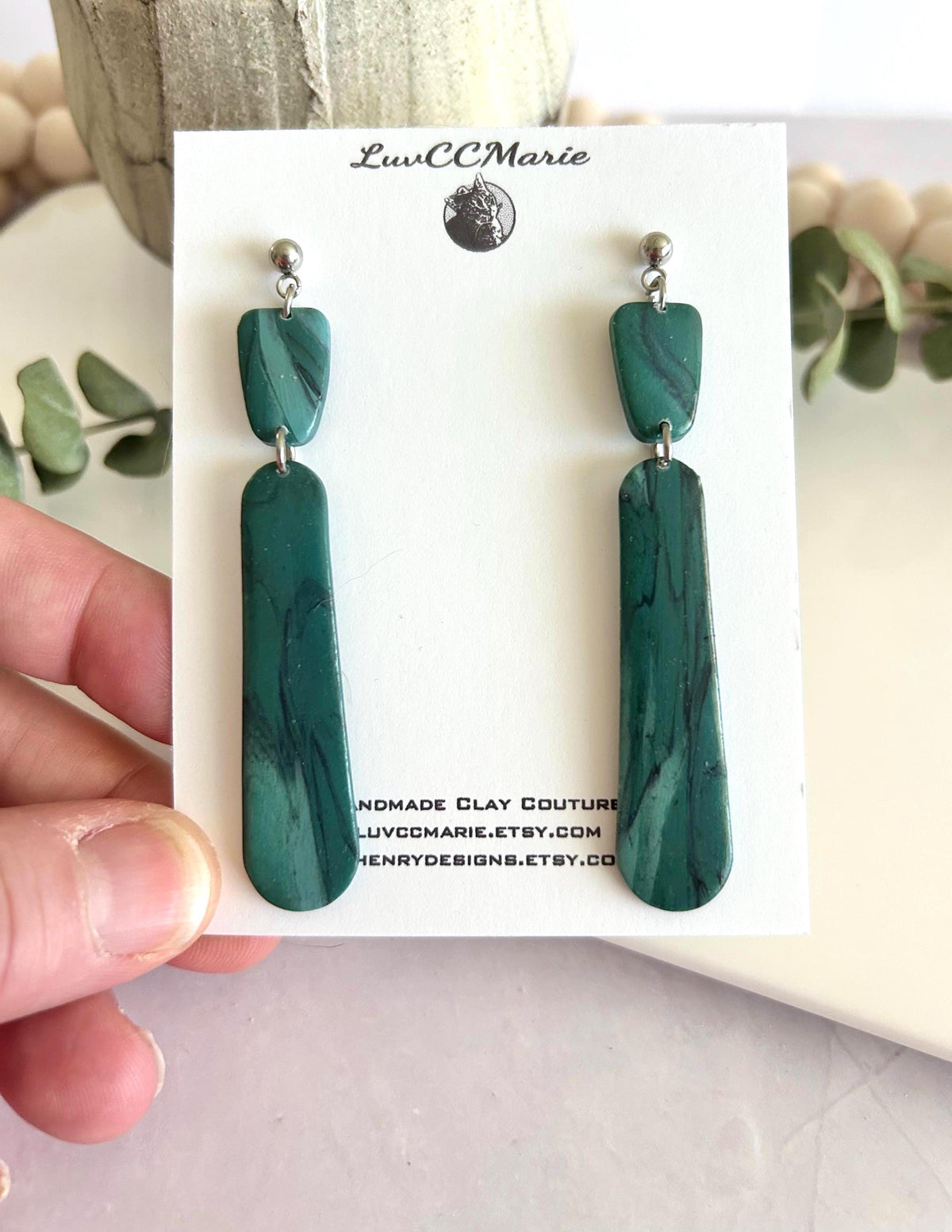 Emerald Green and Teal Blue Silver Long Dangle Earrings, Handmade Clay Coastal Jewelry