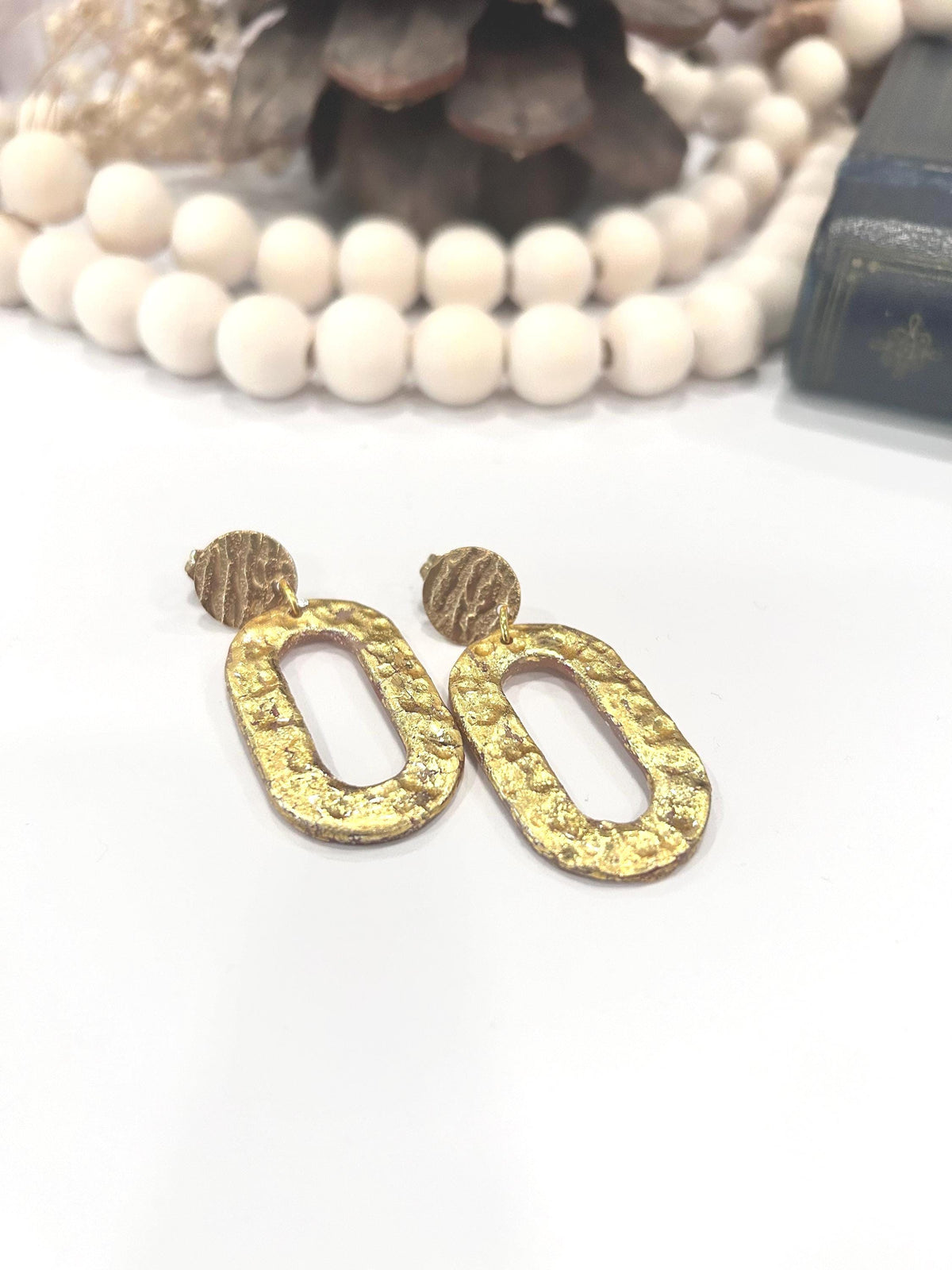 Handmade Hammered Gold Clay Earrings: Boho Dangle, Stainless Steel Studs
