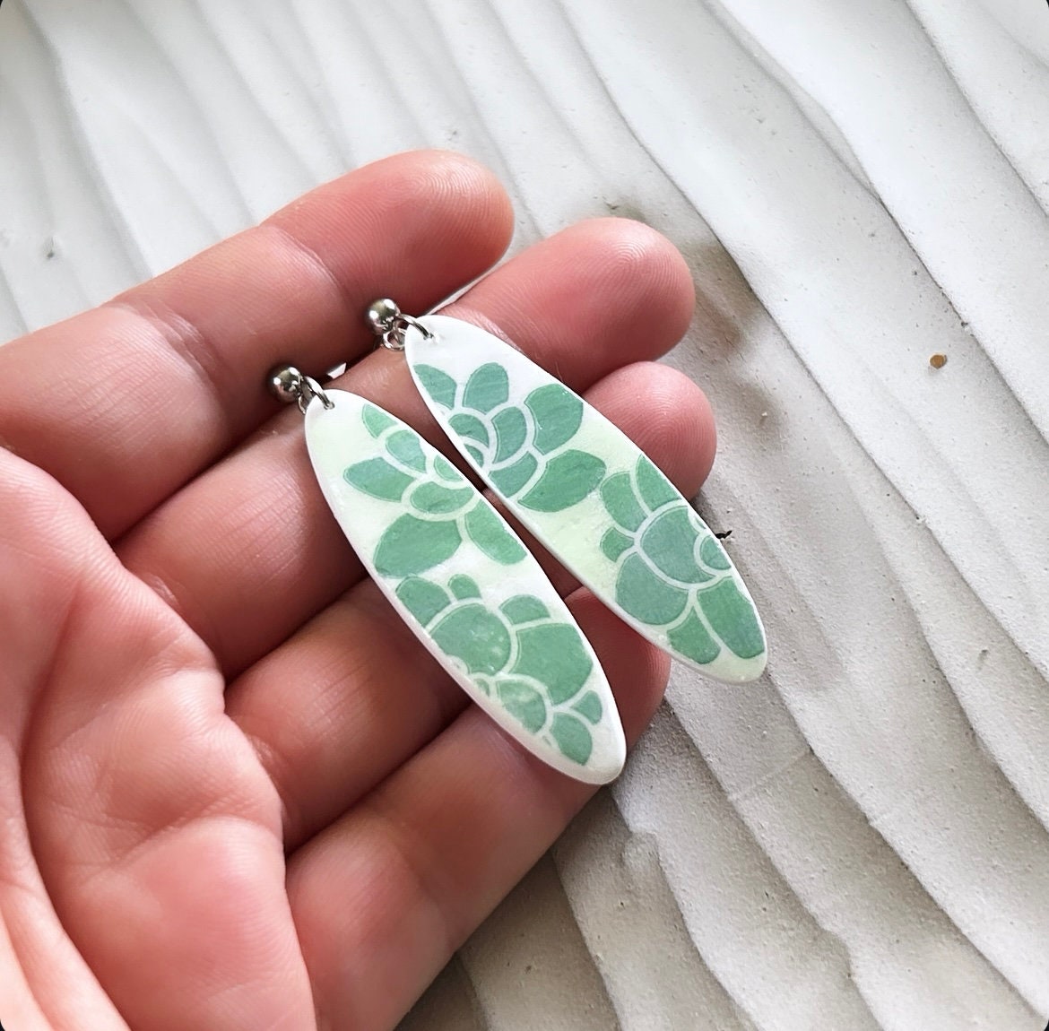 Mint Green Surfboard Earrings, Succulent Plant Dangles, Handmade Clay Coastal Beach Vacation Jewelry
