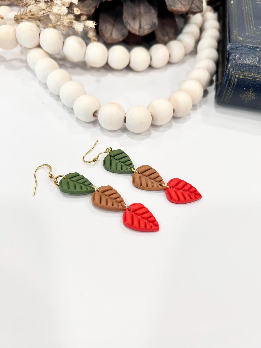 Leaf Earrings, Olive Green, Bright Red, Mustard Yellow, Handmade Clay Boho Fall Jewelry Gift