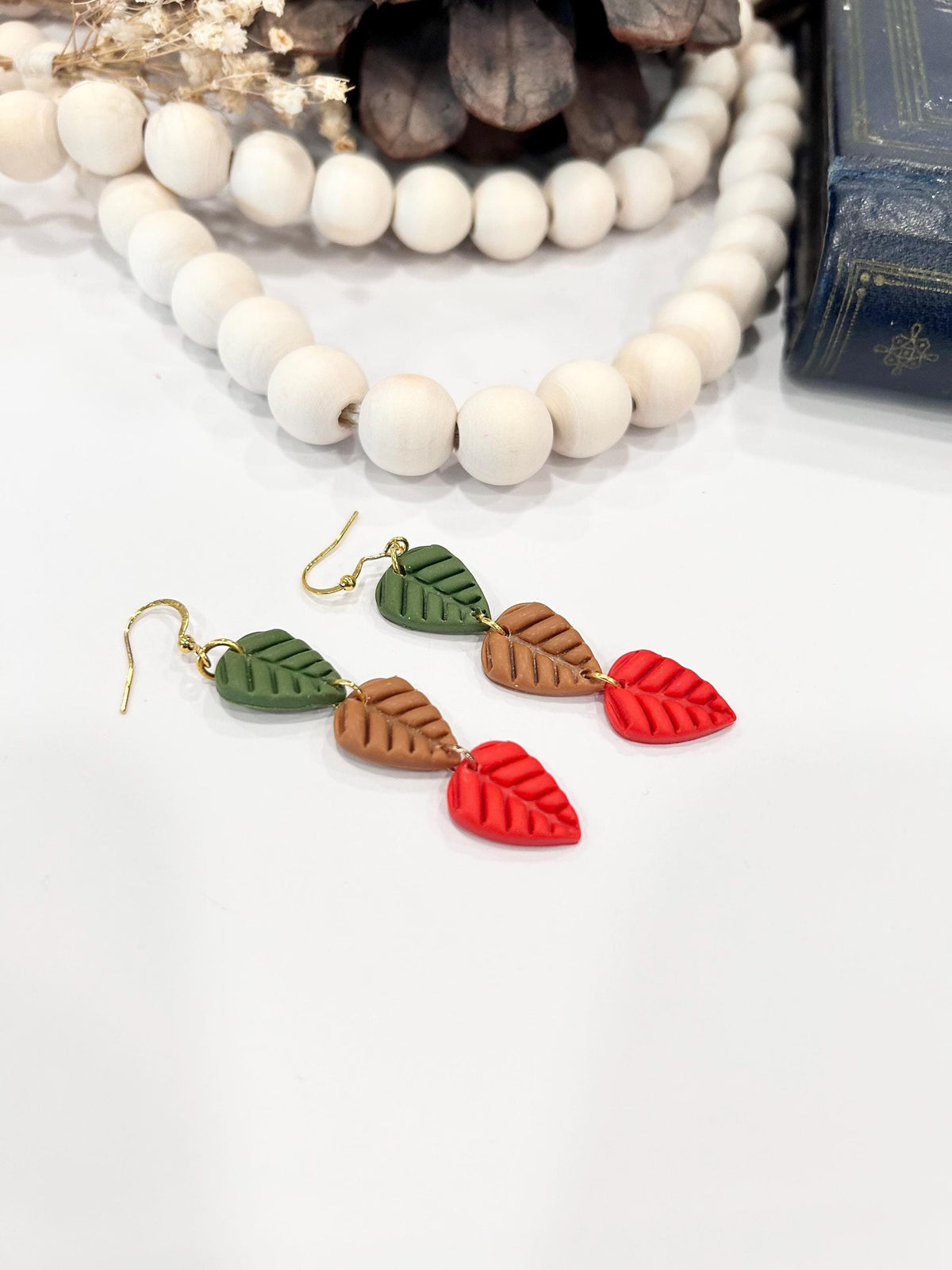 Leaf Earrings, Olive Green, Bright Red, Mustard Yellow, Handmade Clay Boho Fall Jewelry Gift