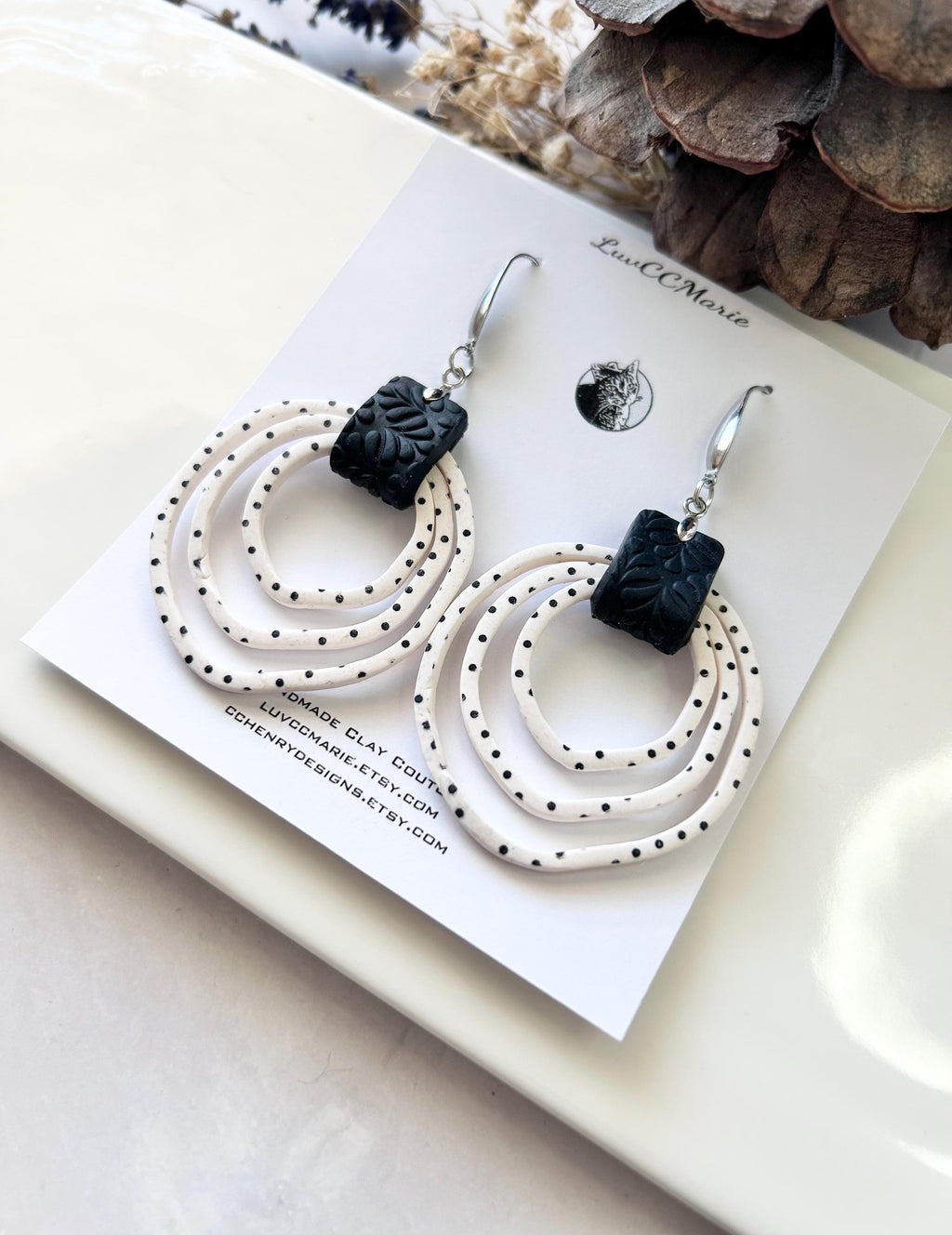 Black and White Polka Dot Hoop Earrings, Handmade Clay Dangles, Stainless Steel, Contemporary Statement