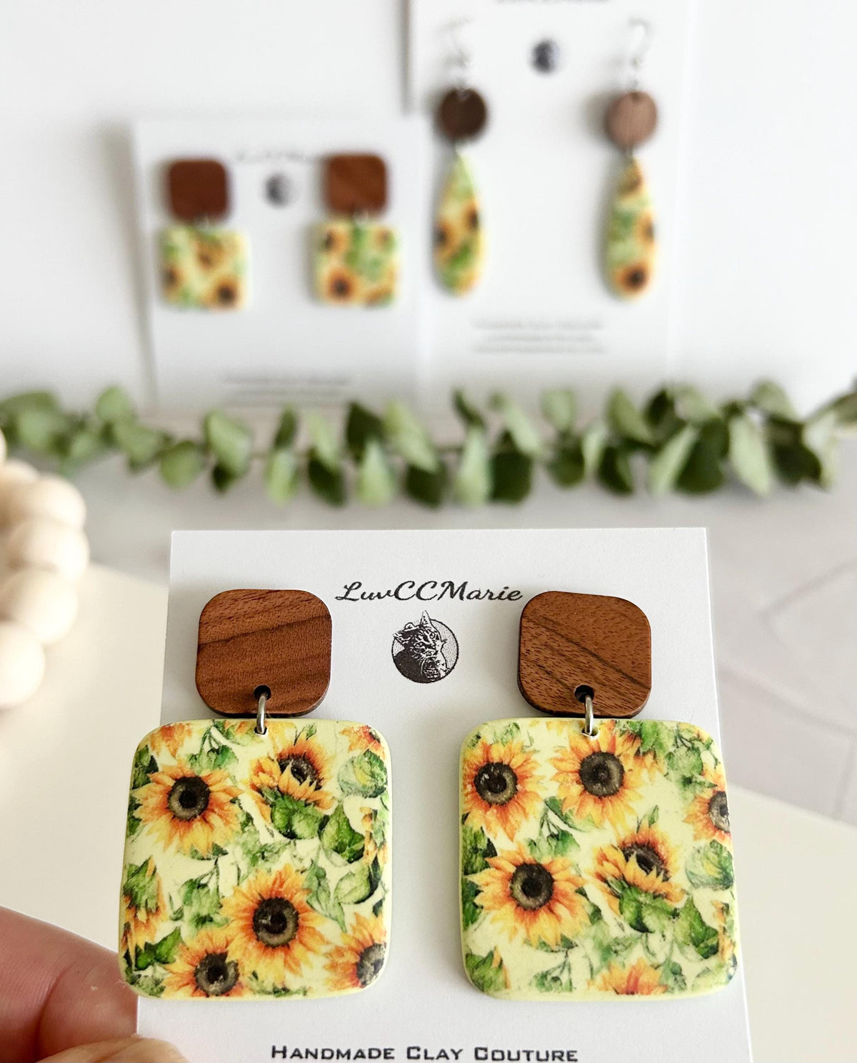 Boho Floral Earrings, Pale Yellow Wood Clay Dangles, Boho Sunflower Jewelry, Handmade Sunflower Themed Gift