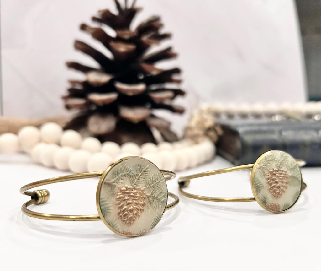 Sage Bracelet, Pine Cone Floral Cuff, Handmade Fashion Boho Jewelry