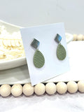 Sage Green Clay Earrings: Boho Teardrop Post Dangles, Stainless Steel Hypoallergenic Studs