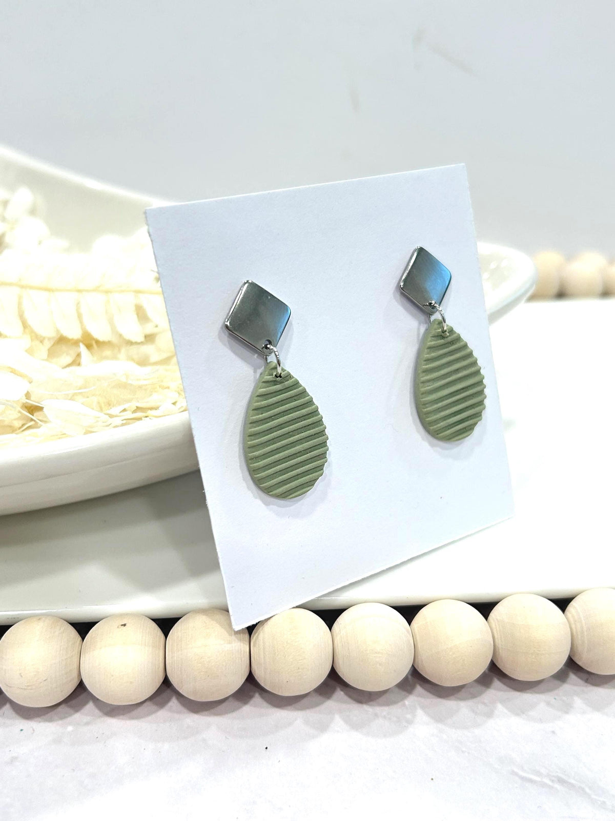 Sage Green Clay Earrings: Boho Teardrop Post Dangles, Stainless Steel Hypoallergenic Studs