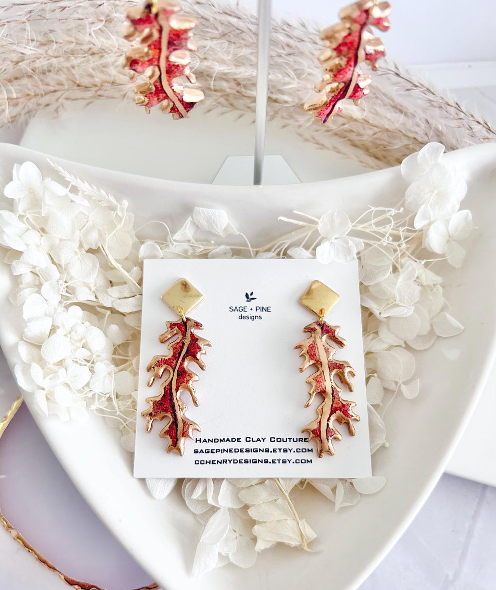 Fall Leaf Clay Earrings, Red and Gold Autumn Dangles, Boho Hypoallergenic Lightweight Jewelry