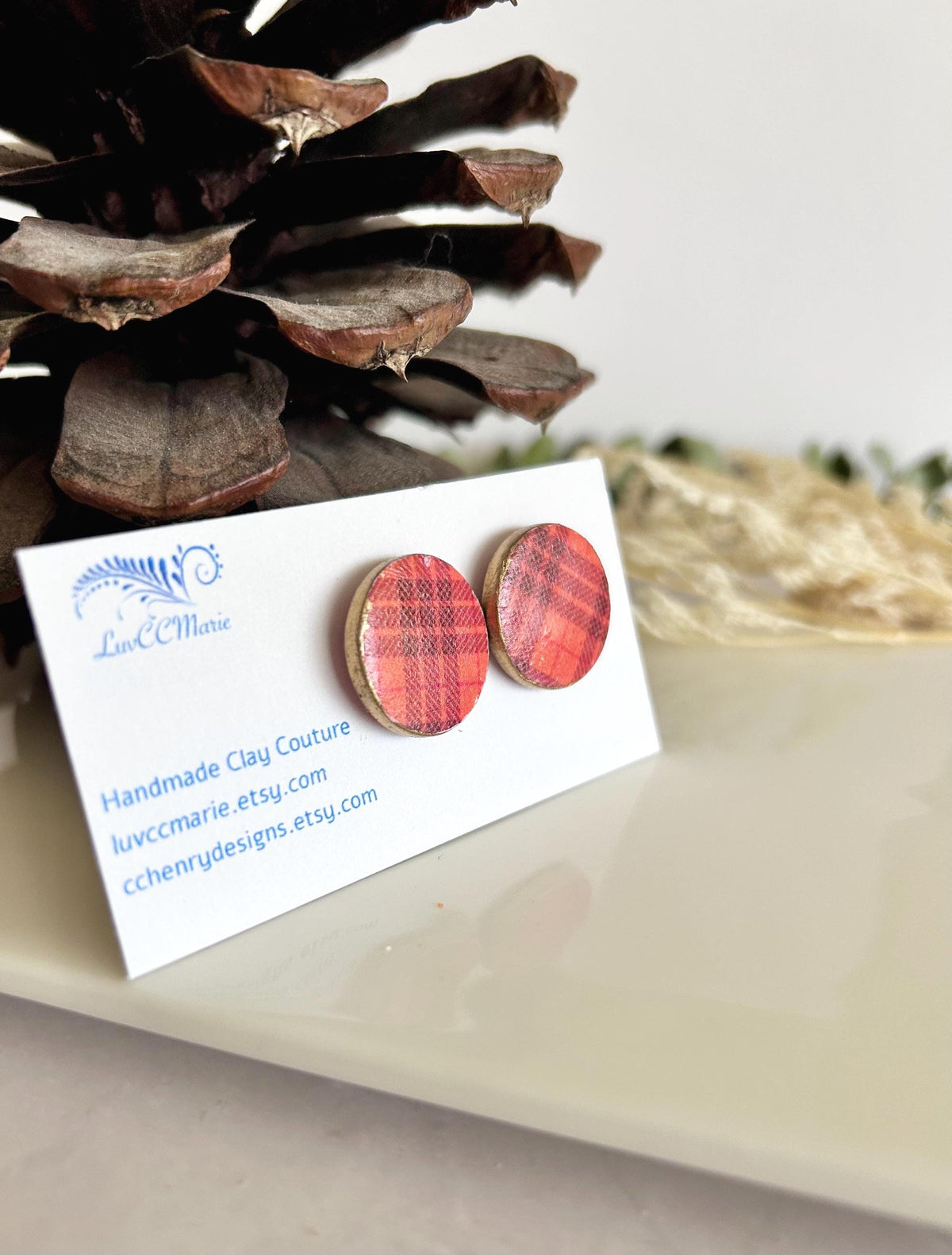 Dark Burgundy Red and Orange Plaid Stud Earrings, Clay Studs, Gingham Jewelry, Hypoallergenic Steel