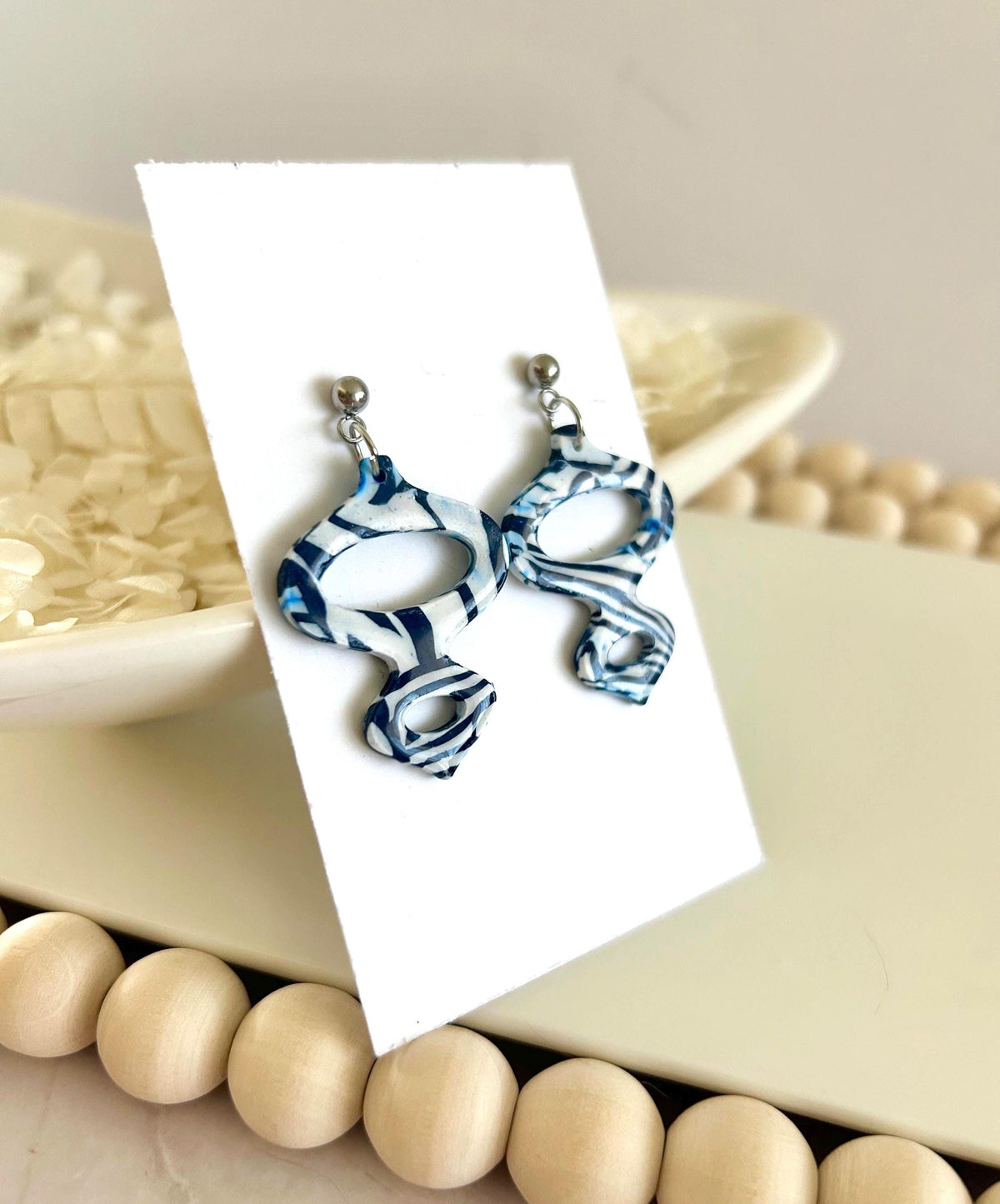 Navy and White Clay Earrings, Modern Moroccan Drop Dangles, Handmade Jewelry Gift
