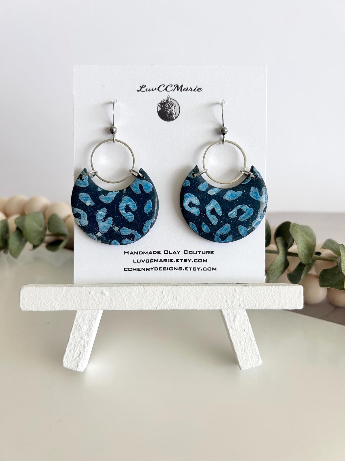Navy Blue and Silver Leopard Print Clay Earrings, Crescent Moon Hoop Dangles