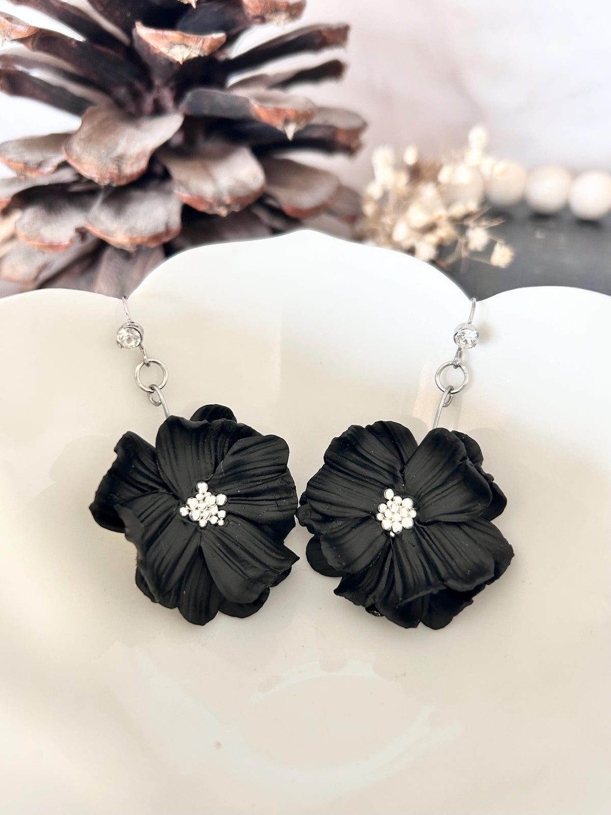Black Dangle Flower Earrings, Big Floral Drop Dangles, Silver Rhinestone Unique Statement Jewelry Gift