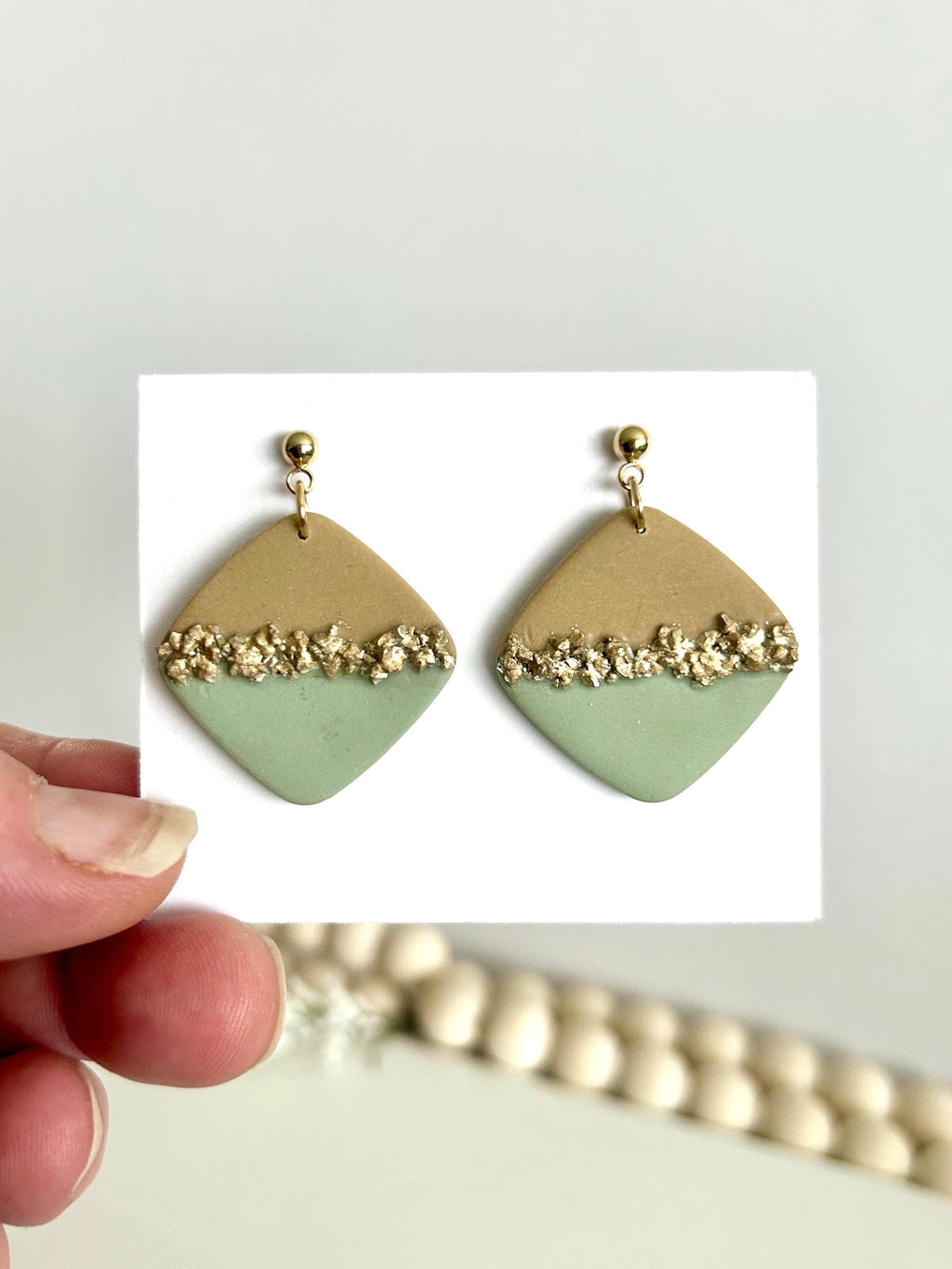 Sage & Latte Dangles, Clay and Glass Dangle Earrings, Neutral Hoops, Handmade Fashion Boho Jewelry