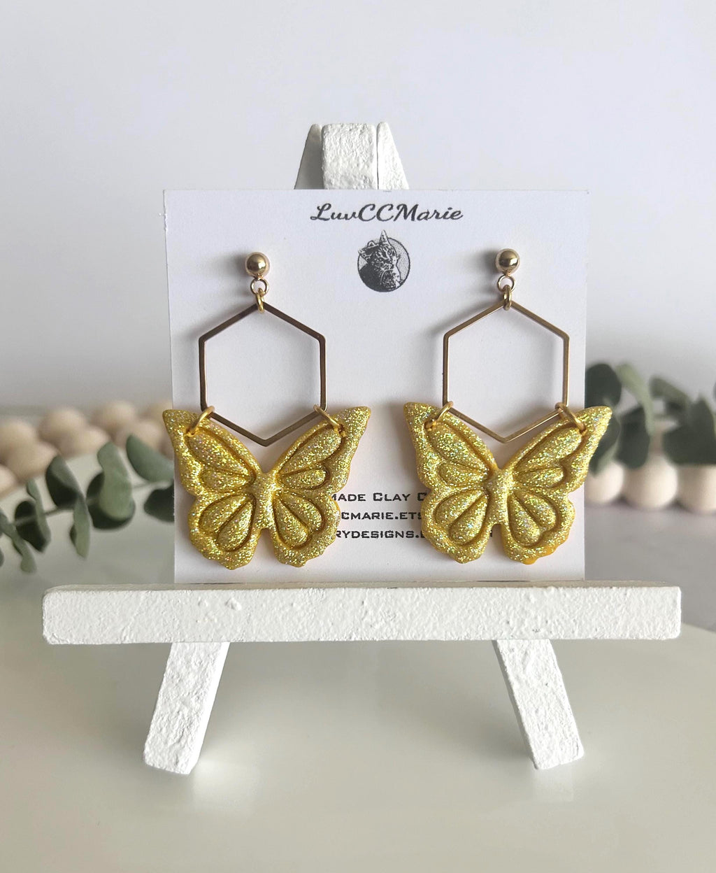 Hoop Butterfly Earrings, Sparkly Holographic Gold Monarch Dangles, Handmade Clay Unique Jewelry