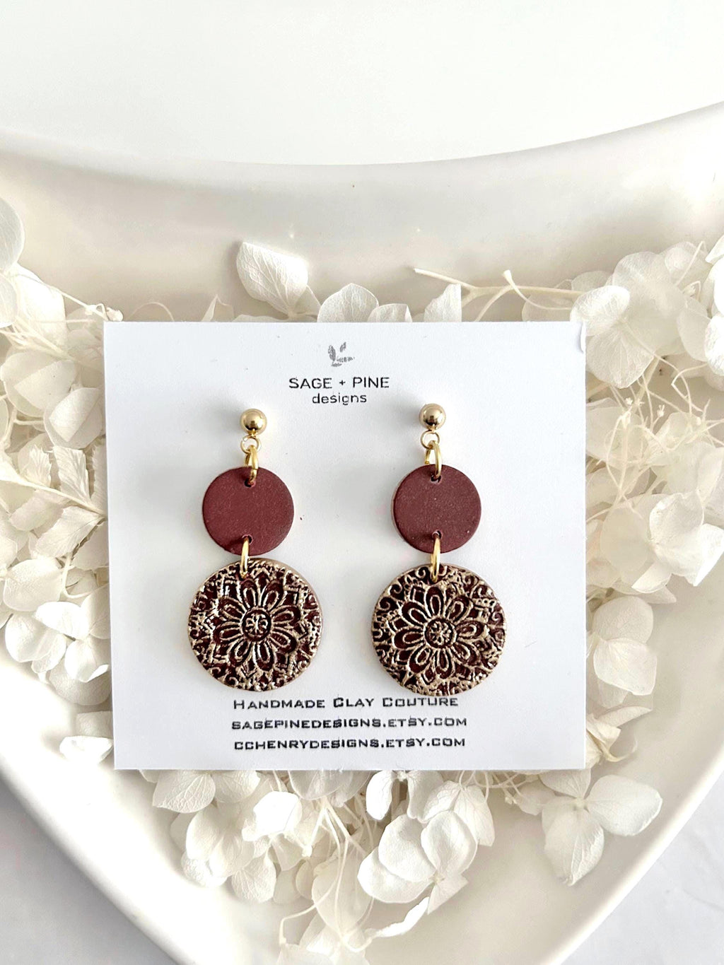 Gold Navy Burgundy Earrings, Embossed Dangles, Handmade Clay Boho Jewelry