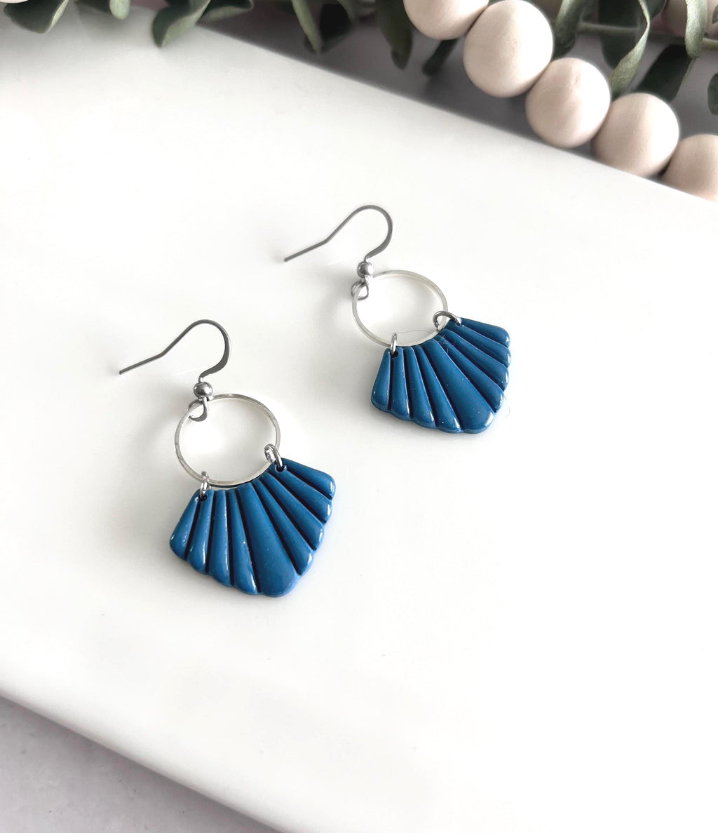 Teal Blue and Silver Dangle Earrings, Handmade Clay Hoop Dangles, Coastal Vacation Jewelry Gift