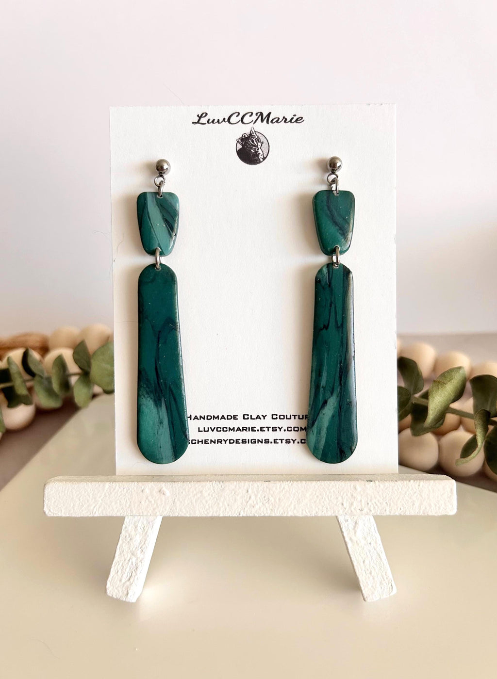 Emerald Green and Teal Blue Silver Long Dangle Earrings, Handmade Clay Coastal Jewelry